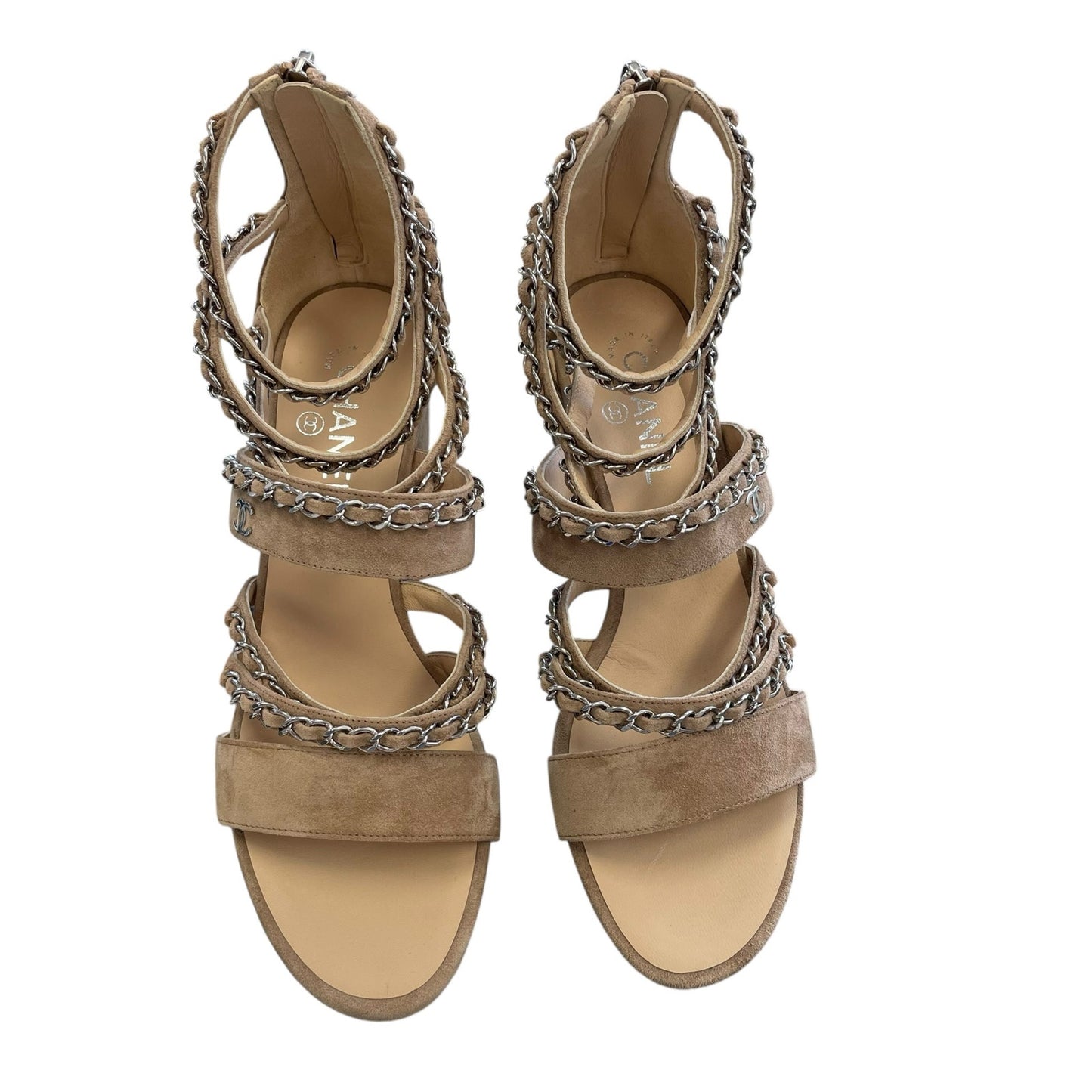 Chanel Tan Suede Silver Chain Accent Logo Block Heel Sandal Womens 39.5 / US 8.5