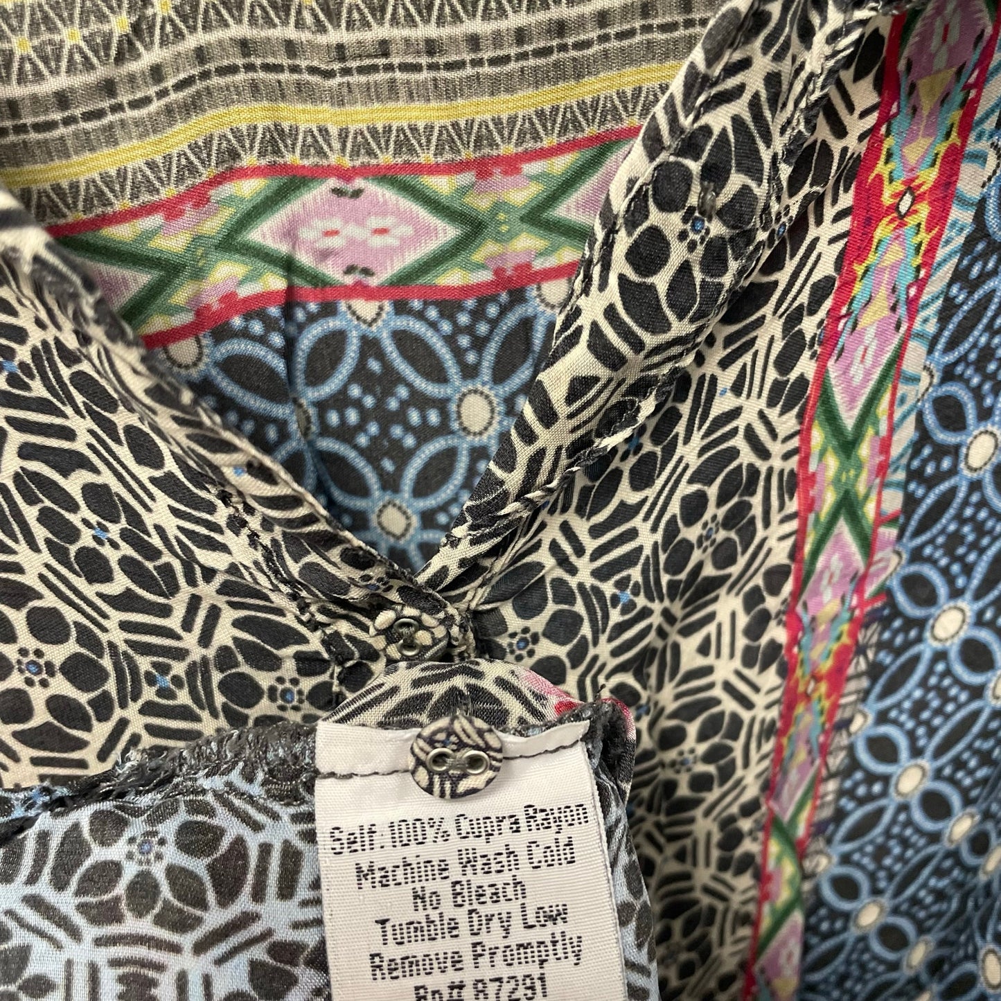 Johnny Was Blue Multicolor Floral Geometric Print Longline Shirt Womens Large
