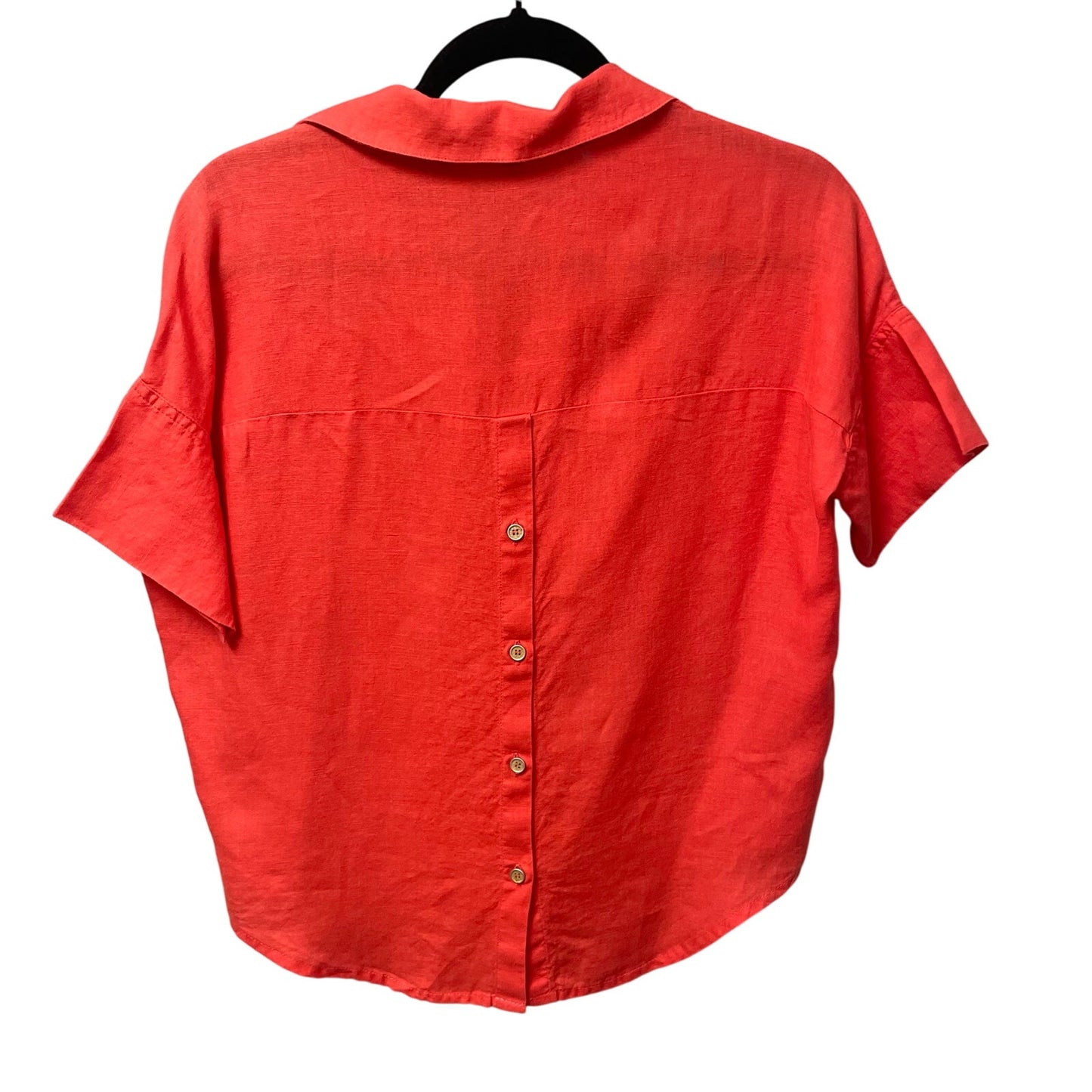 Vilagallo 100% Linen Split Neck Short Sleeve Popover Top Coral Red 36 / US 4