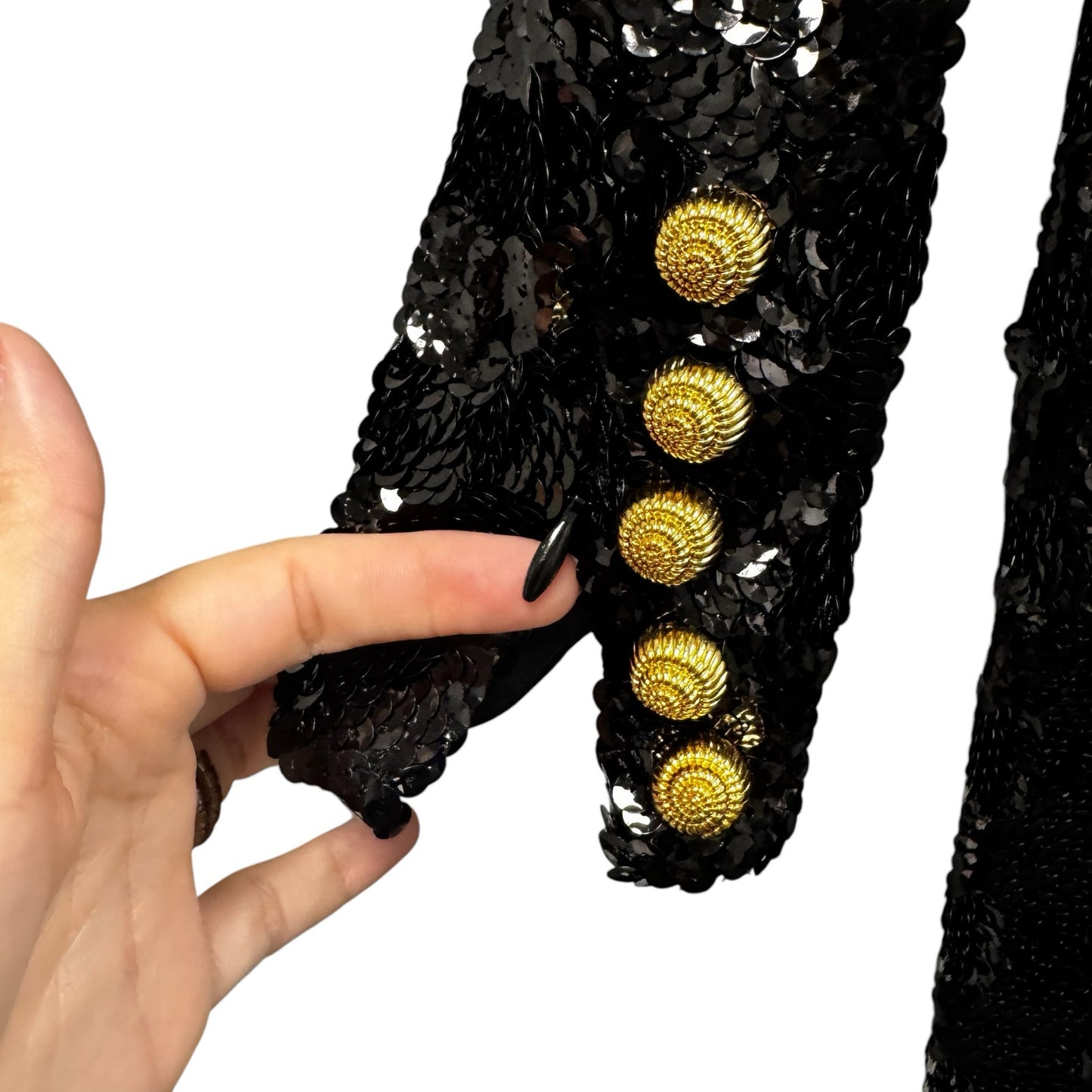 NWT Balmain Black Sequin Gold Button High Collar Fitted Long Maxi Dress Women 36