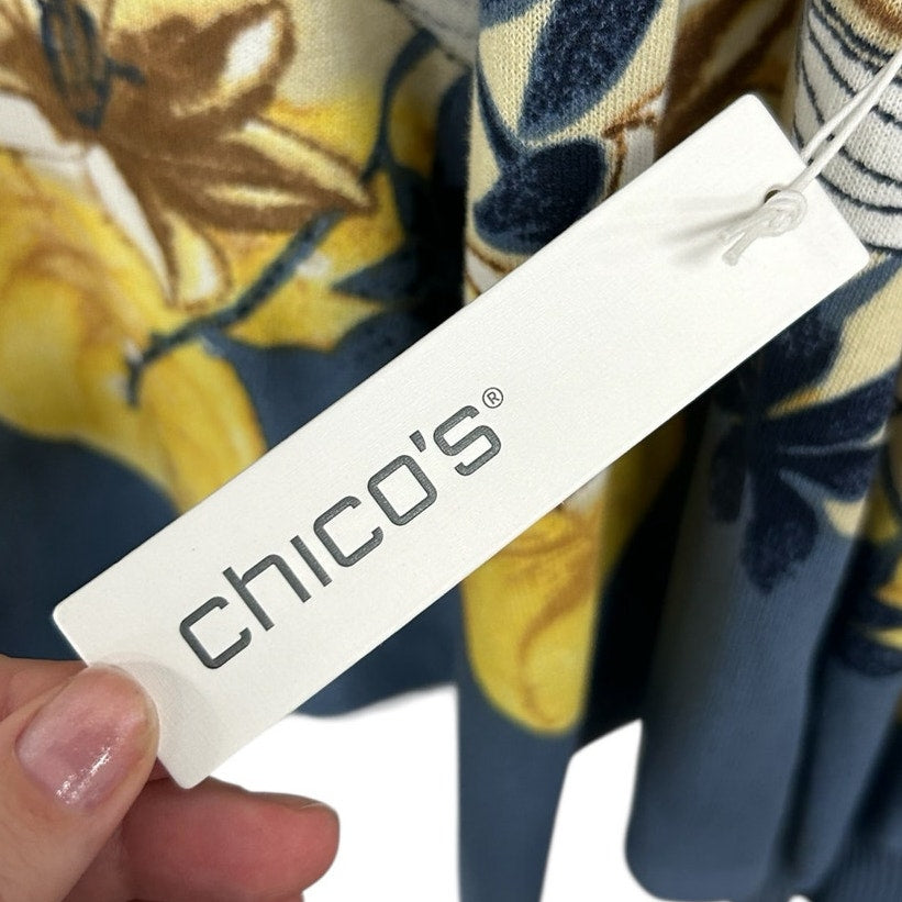 NWT Chicos White Blue Yellow Floral Print Open Front Cardigan Womens US Small