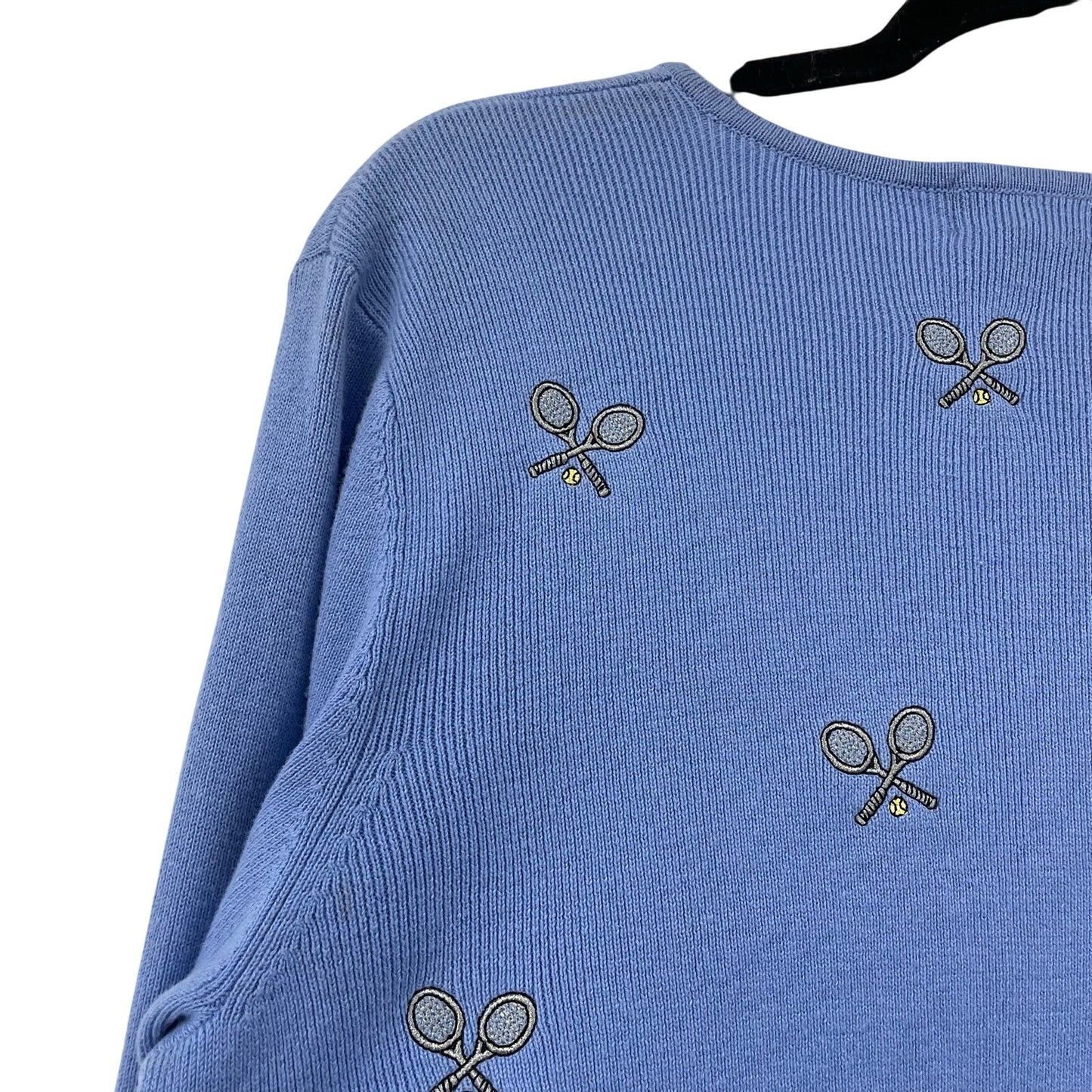 Vintage Carole Little Tennis Theme Embroidered Blue Sweater Petite Large AS IS