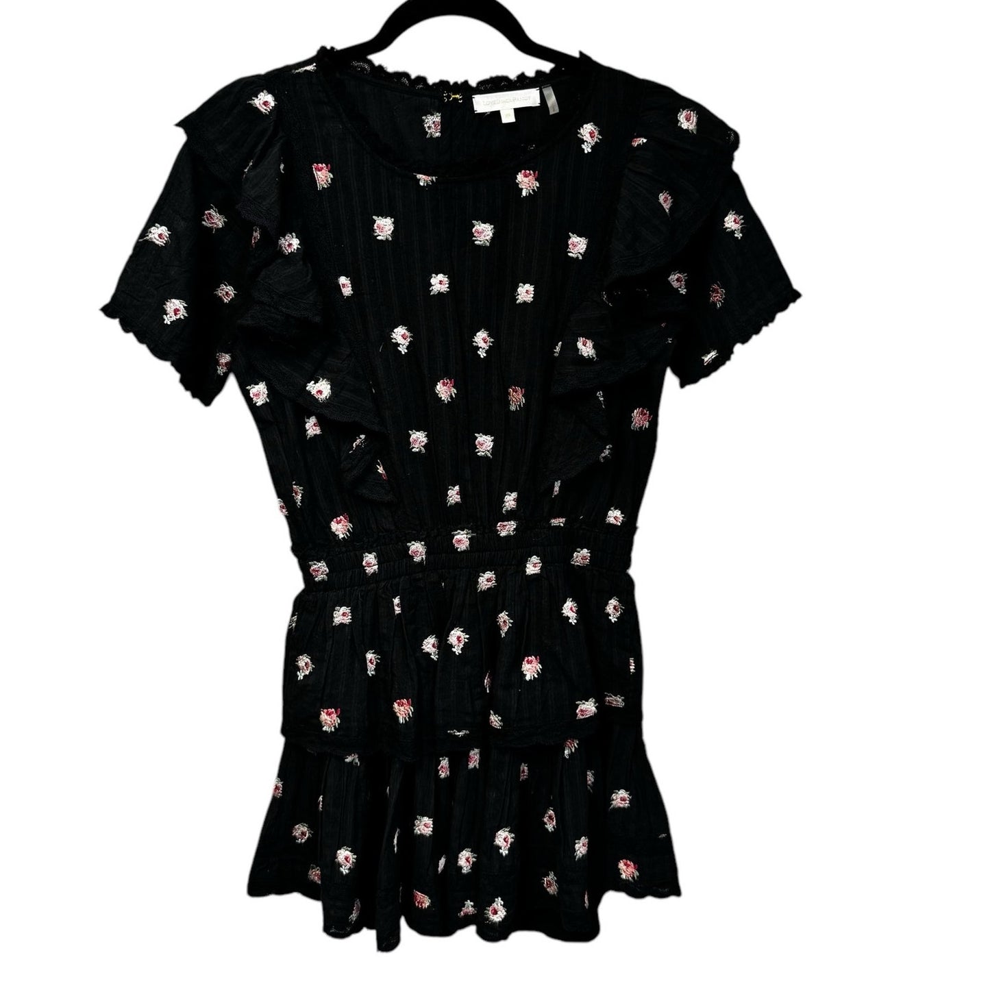 LoveShackFancy Short Sleeve Ruffle Mini Natasha Dress Black Combo Floral Size XS