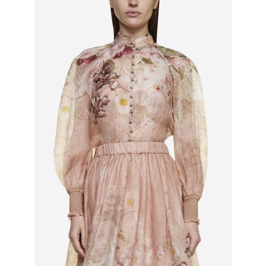 NWT Zimmermann Blush Dancer Floral Long Sleeve Silk Linen Blouse Womens 1 / US 6