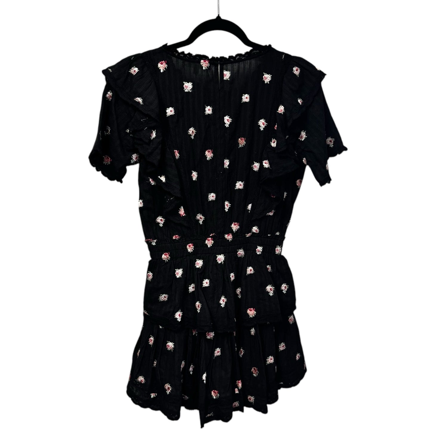 LoveShackFancy Short Sleeve Ruffle Mini Natasha Dress Black Combo Floral Size XS