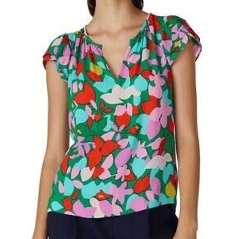 J. Crew Ruffle Cap Sleeve Split Neck Multicolor Floral Hanna Top Womens Size XS