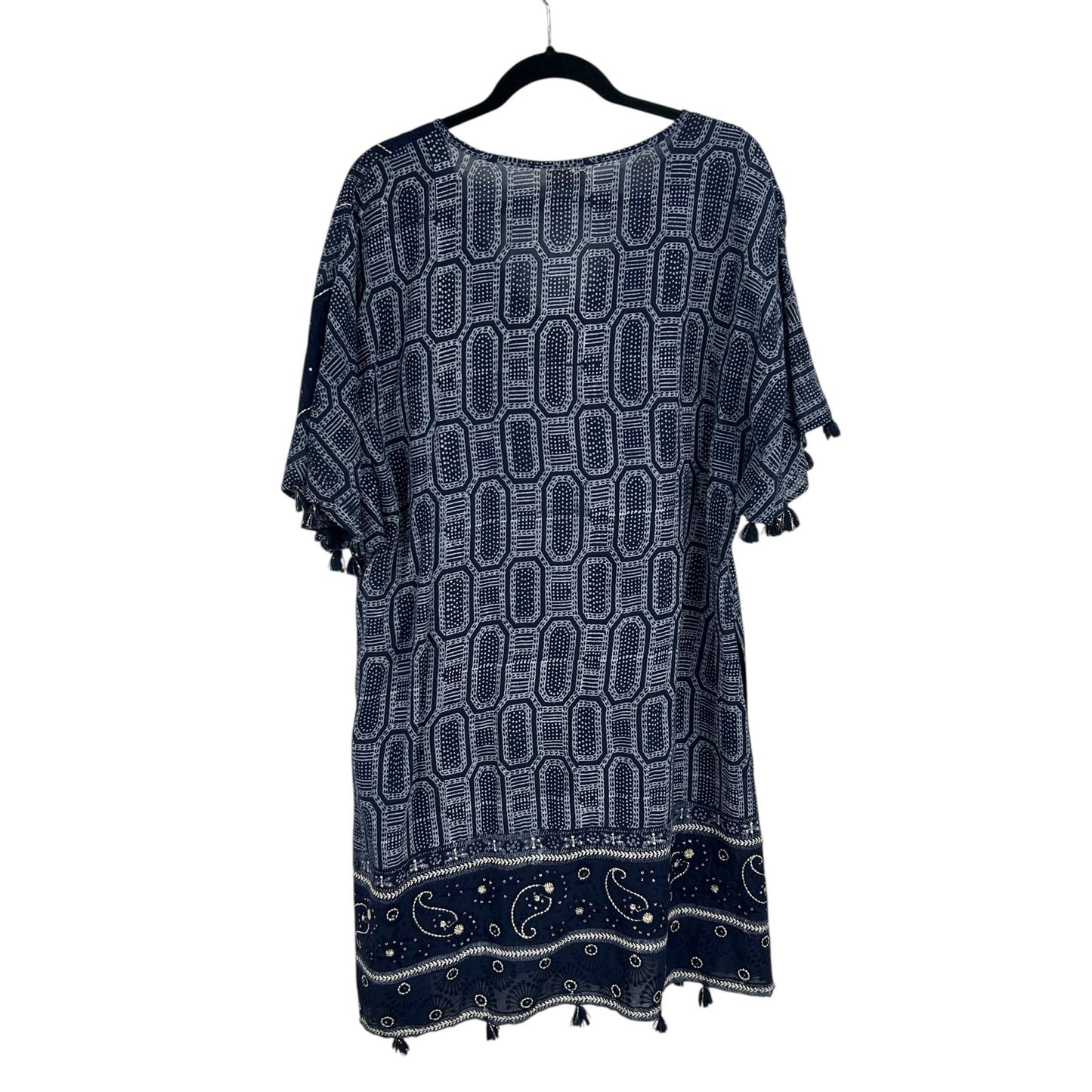 LulaSoul Navy White Printed Short Sleeve Tassel Knee Length Dress Womens Large