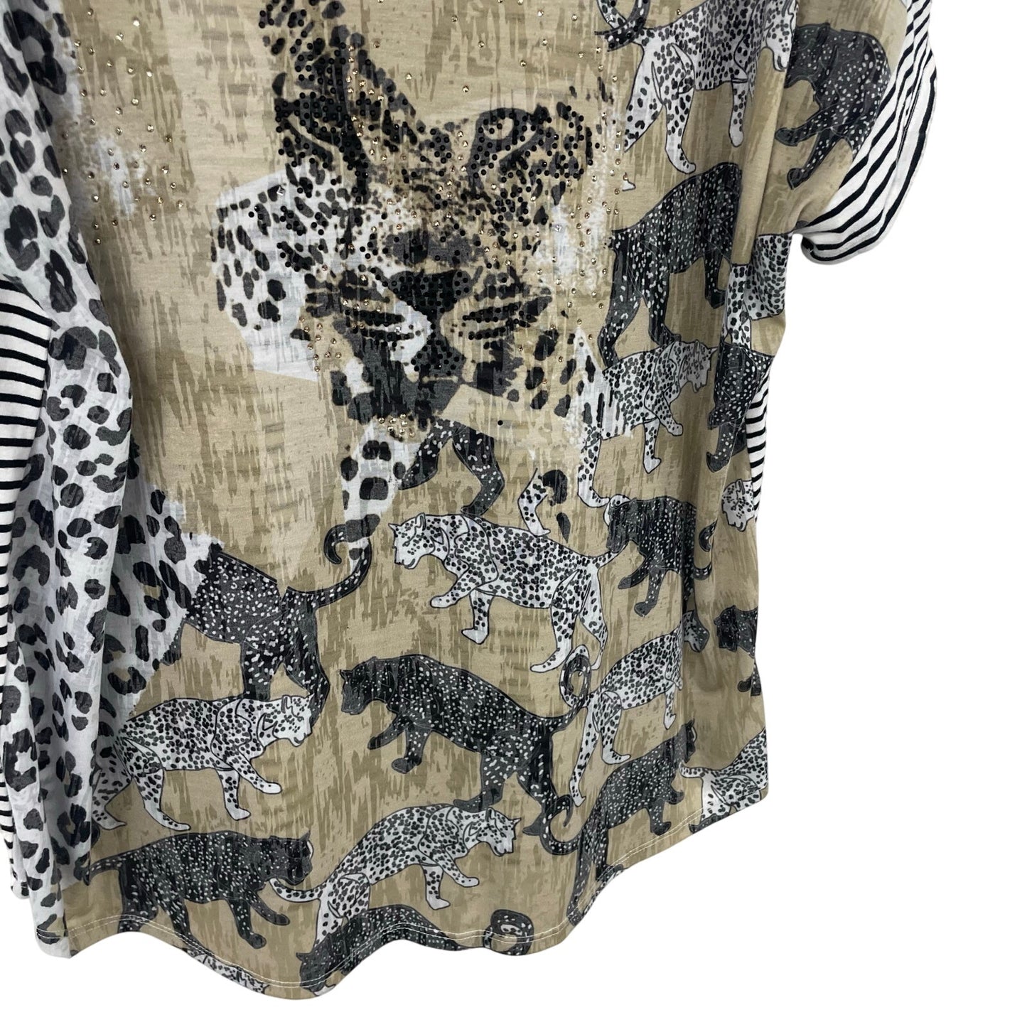 Onque Casual Short Sleeve Striped Cheetah Cat Print Top Womens Plus Size 1X