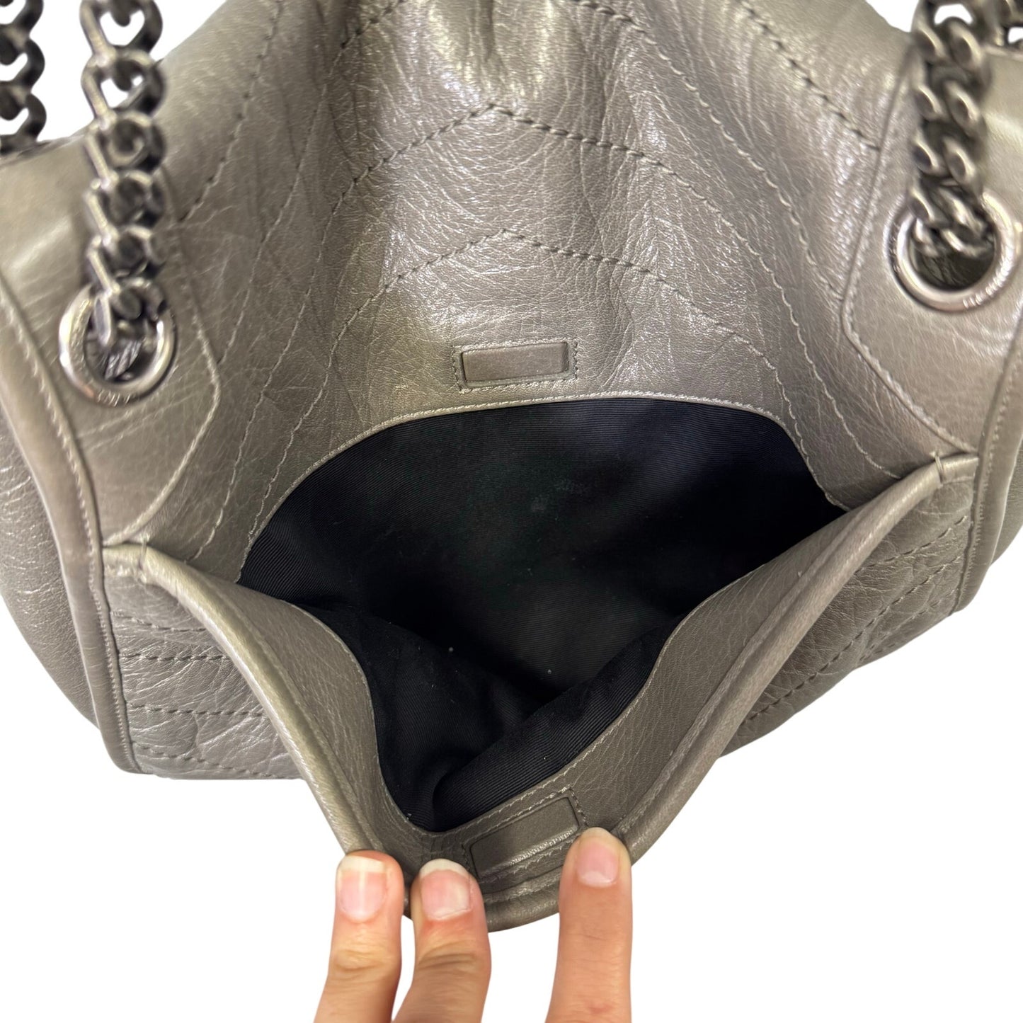 Yves Saint Laurent Fog Grey Crinkled Calfskin Monogram Niki Chain Satchel