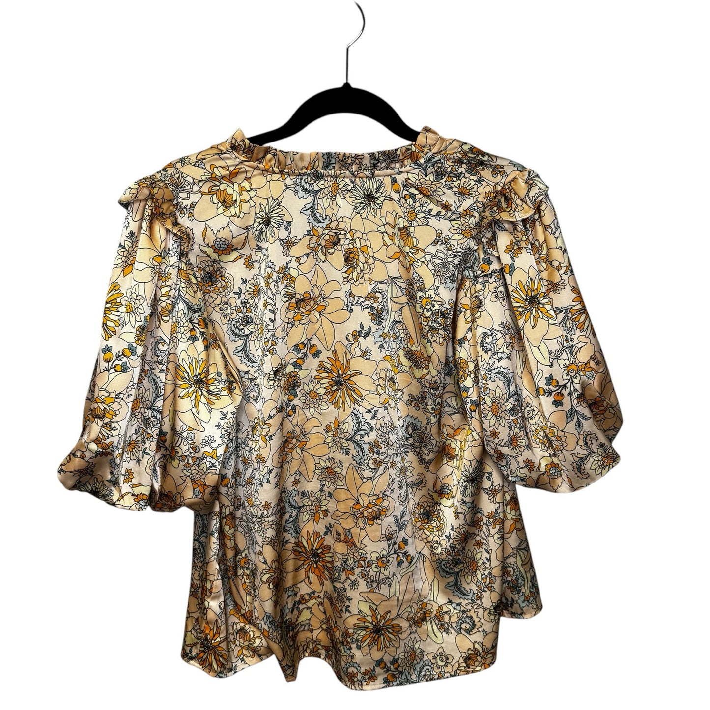 THML Yellow Floral Print Short Puff Sleeve V Neck Blouse Top Womens Large
