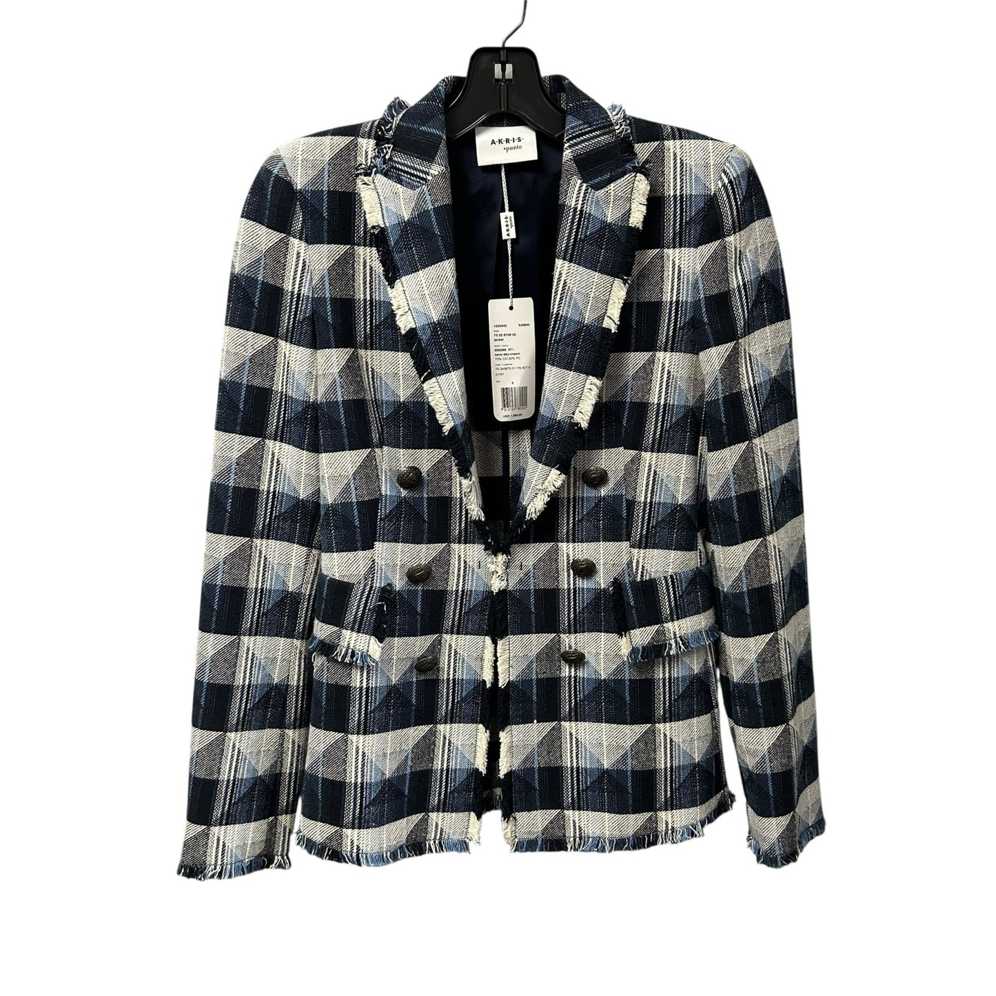 NWT Akris Punto Navy Sky Cream Cotton Blend Front Clasp Denim Blazer Womens US 2