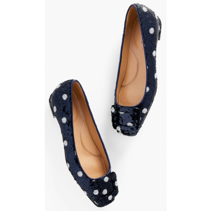 Talbots Sutton Buckle Flats Martini Dot Sequin Navy White Womens Size 6.5