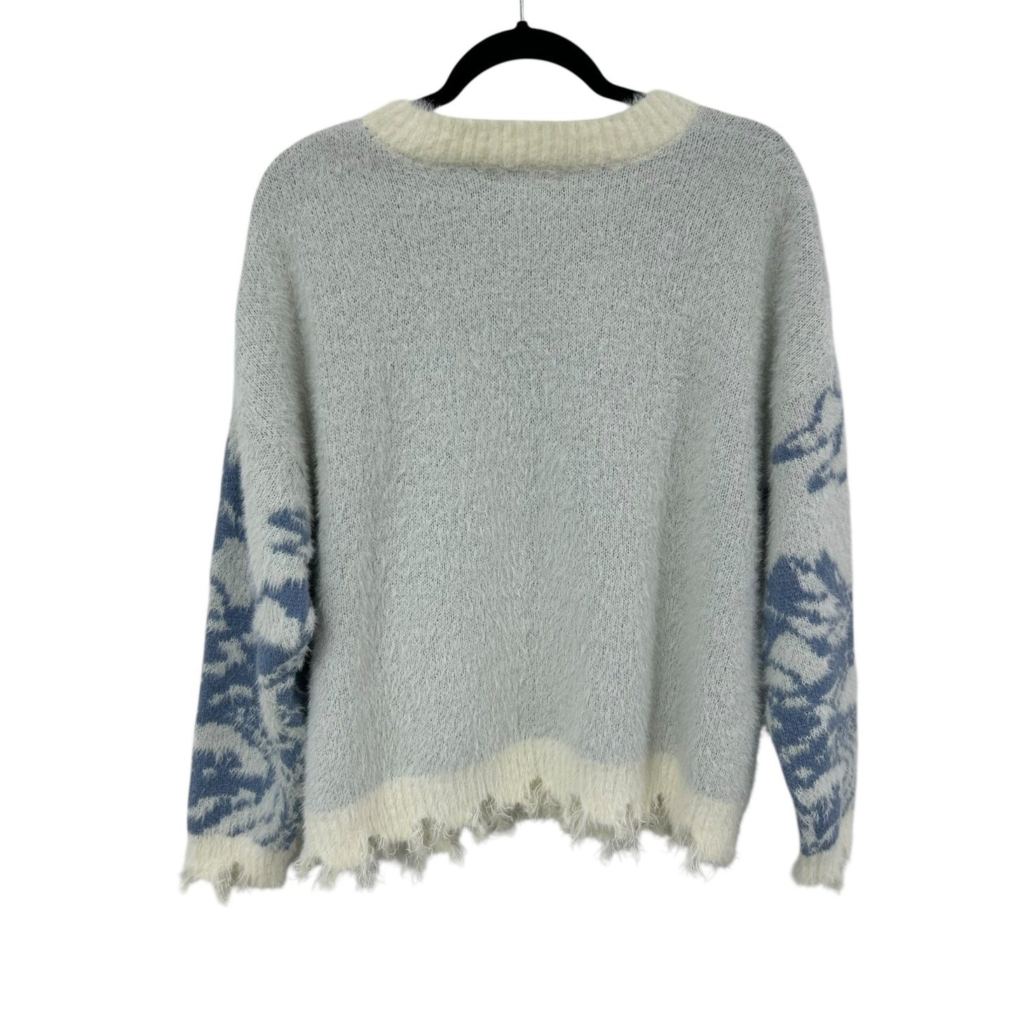 Altar’d State Cream Blue Sun Mountain Scene Raw Hem Sweater Womens Medium