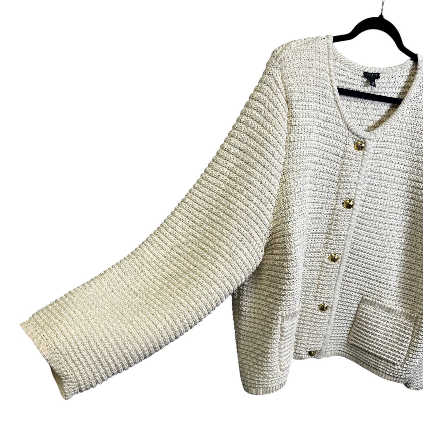 Talbots Cream Textured Knit Long Sleeve Gold Button Down Cardigan Womens 3X