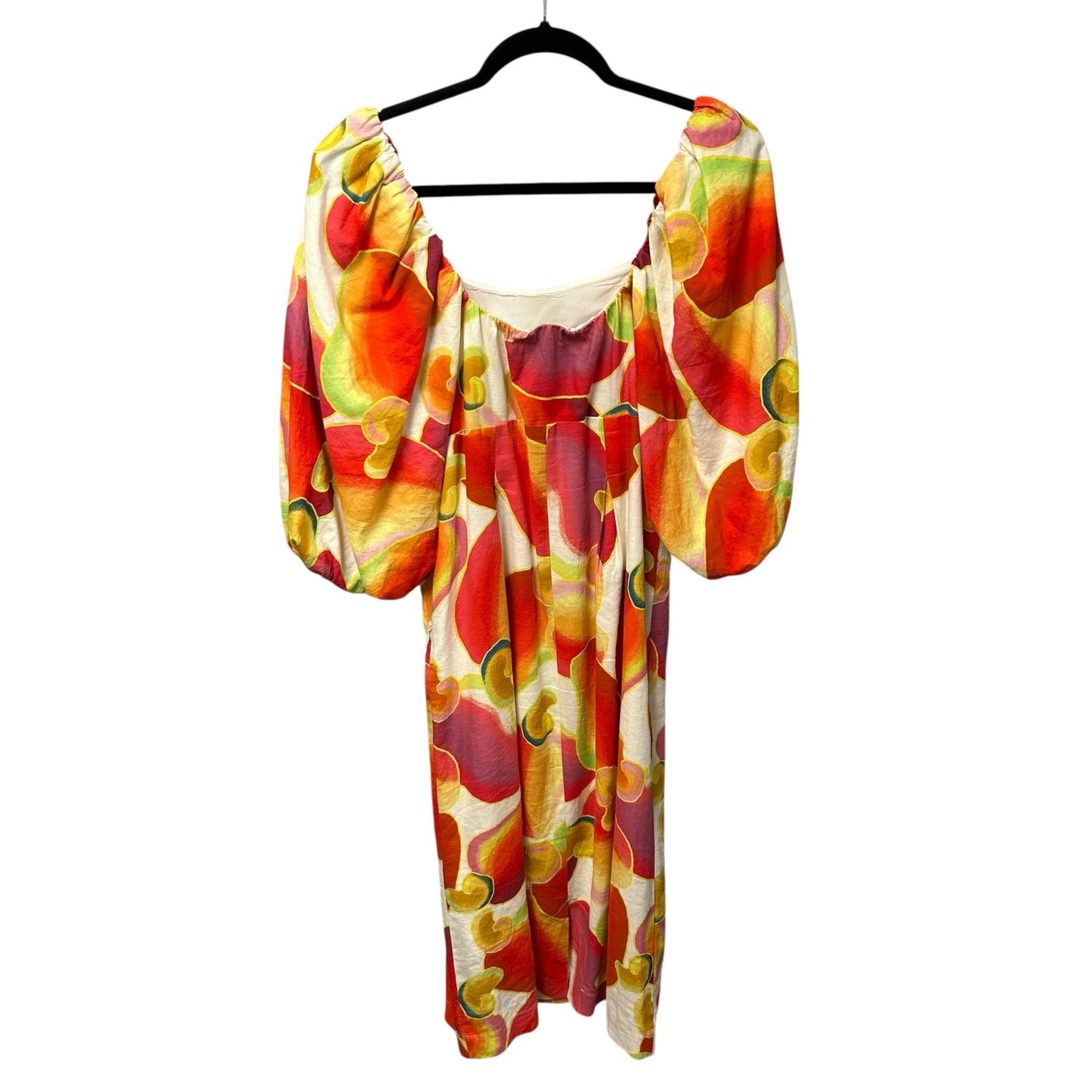 Farm Rio Cashew Juice Print Linen Blend Square Neck Midi Dress Womens Medium