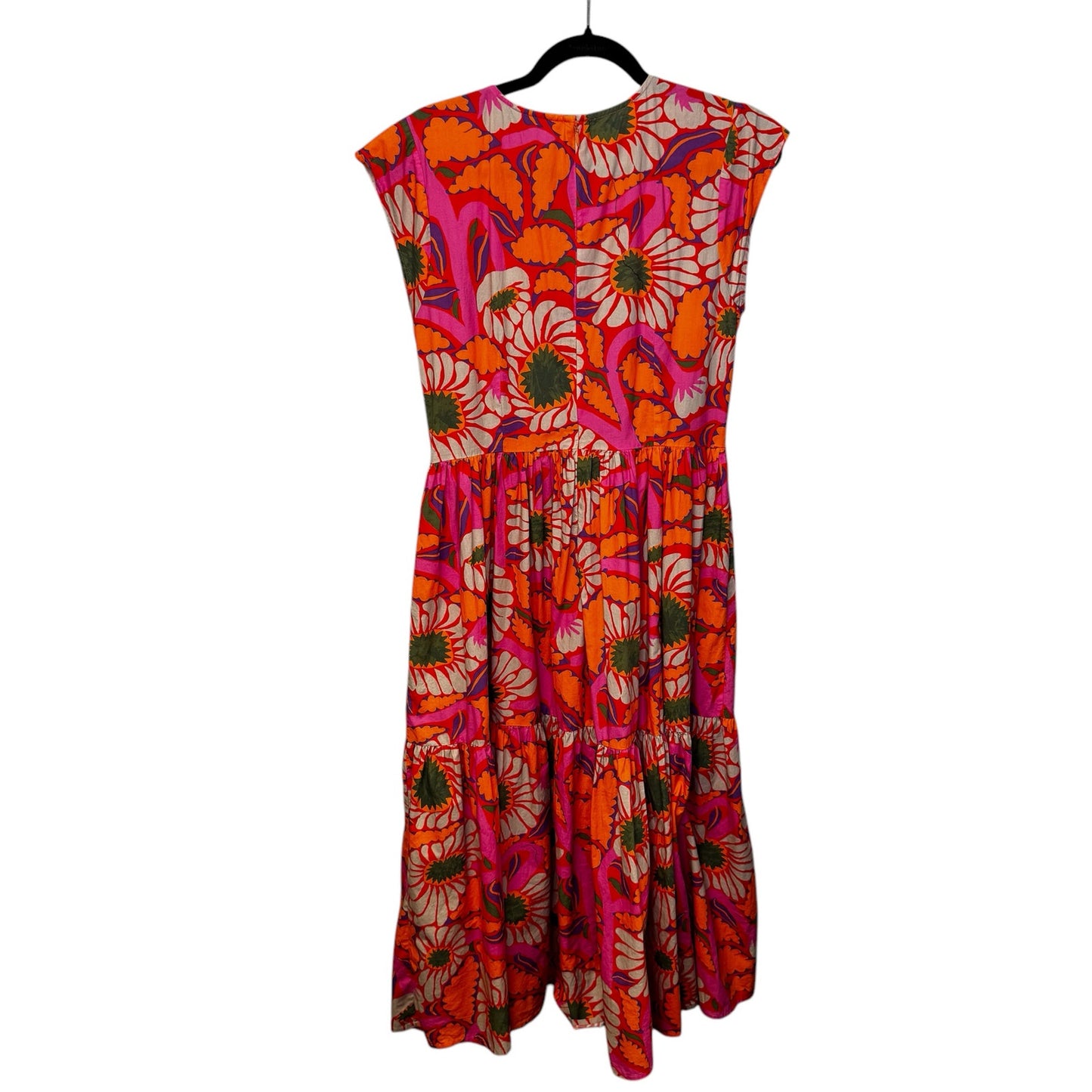 Oliphant Pink Floral Cap Sleeve Crewneck Pleated Cotton Midi Dress Womens Medium