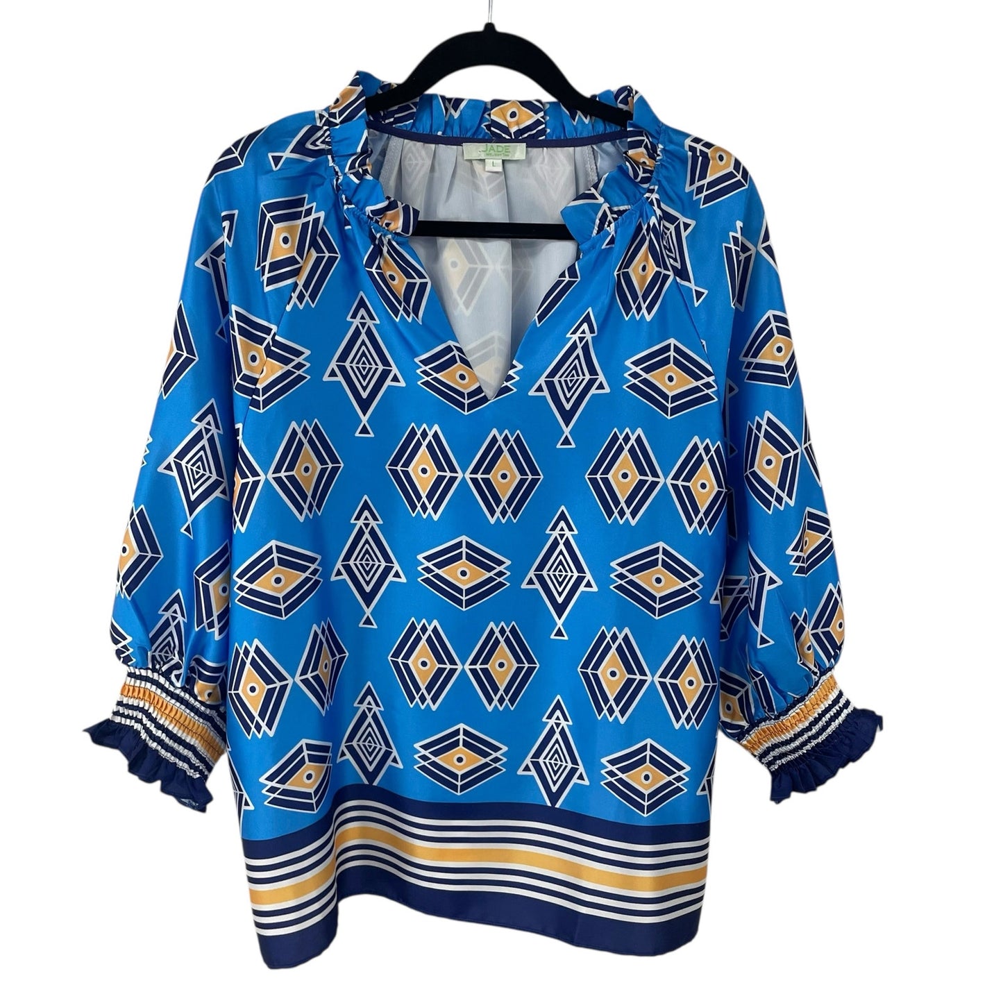 Jade Split Neck Navy Blue Yellow Geometric Print Top Womens Size Large