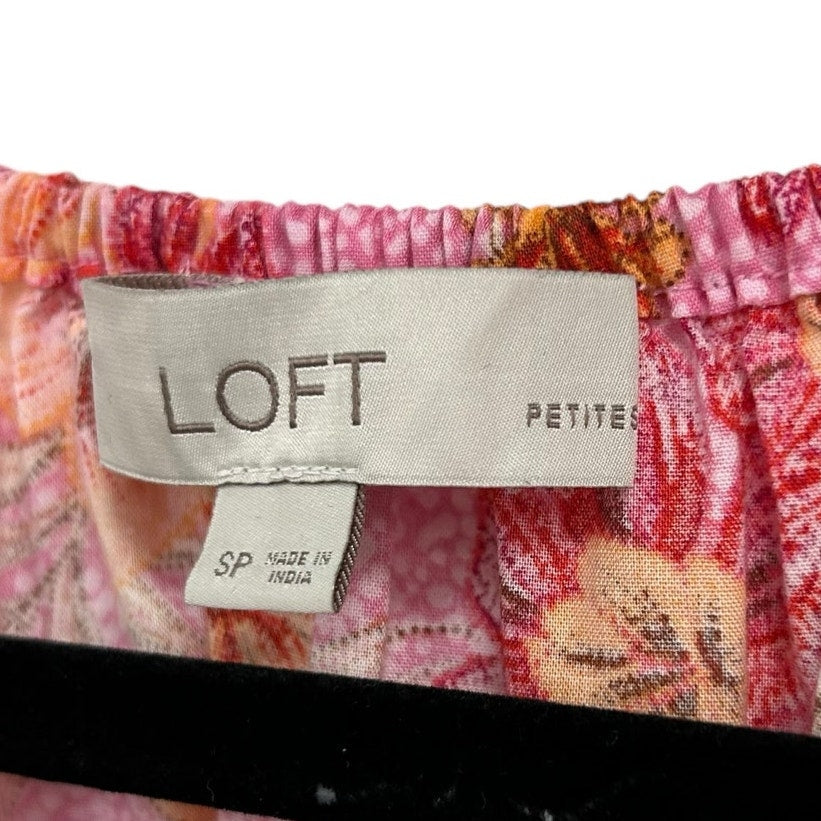 LOFT Pink Zinnia Lily Gathered Waist V-Neck Blouse Womens Petite Small
