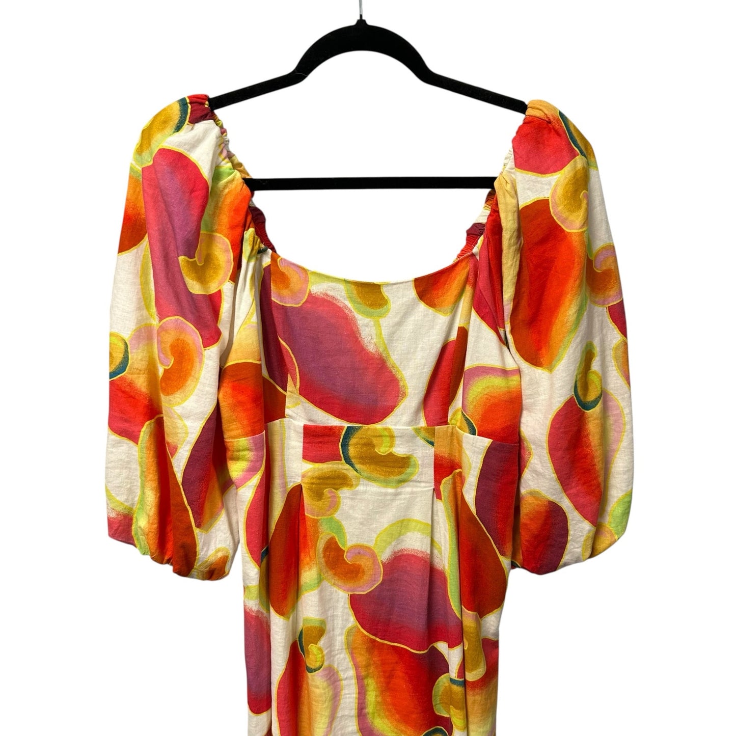 Farm Rio Cashew Juice Print Linen Blend Square Neck Midi Dress Womens Medium