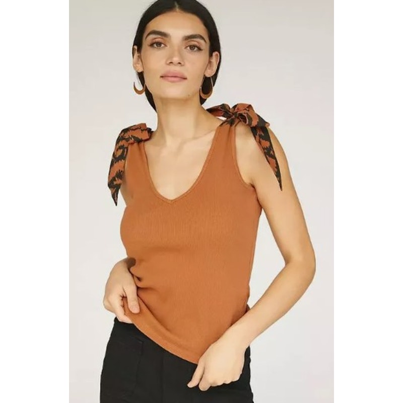 Anthropologie Maeve Bow Tie Tank Blouse Top Ribbed Copper Brown Womens XL