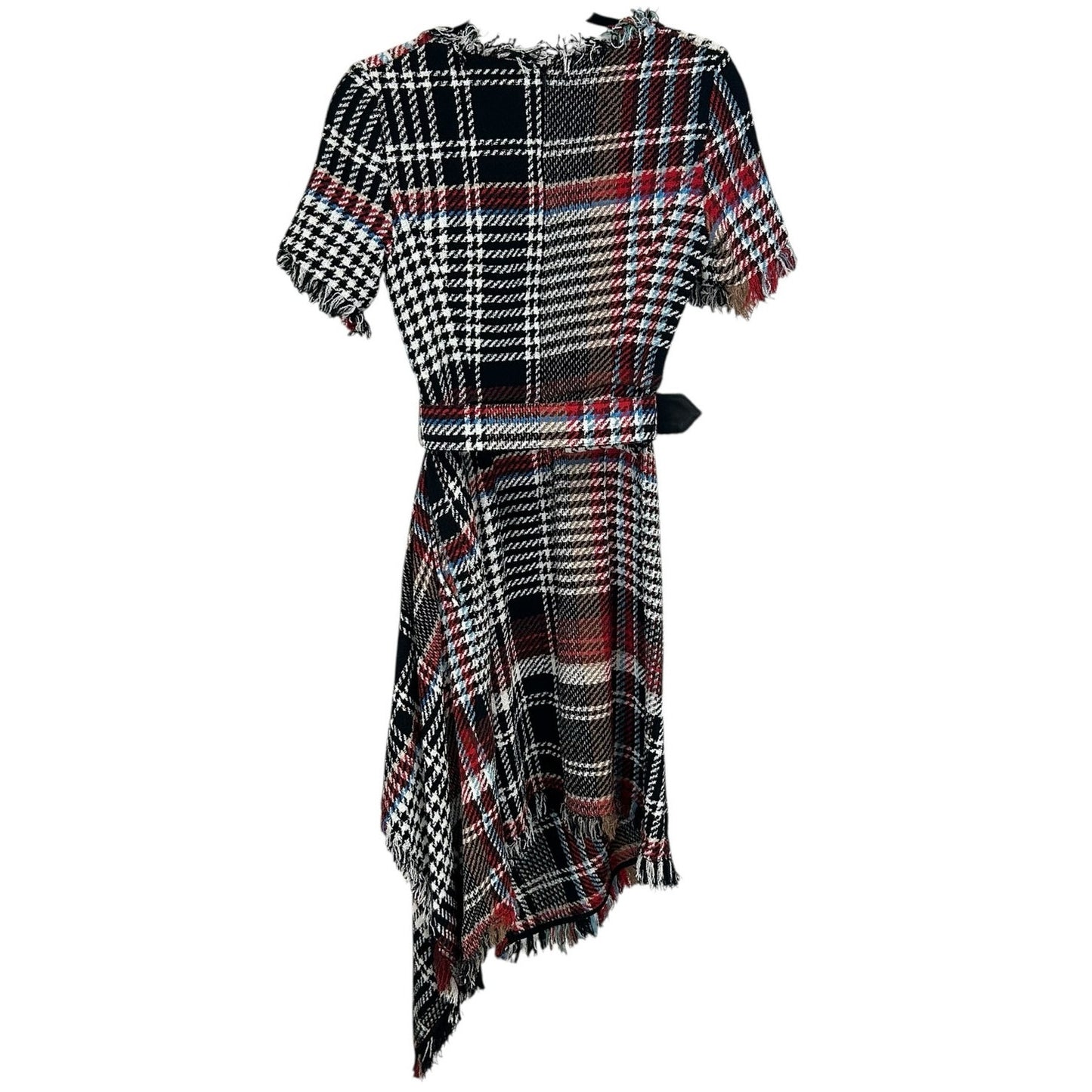 Oscar de la Renta Black Red Renta Plaid Asymmetrical Belted Tweed Dress Womens 6