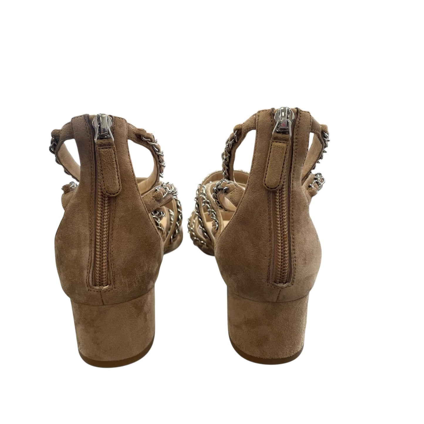 Chanel Tan Suede Silver Chain Accent Logo Block Heel Sandal Womens 39.5 / US 8.5