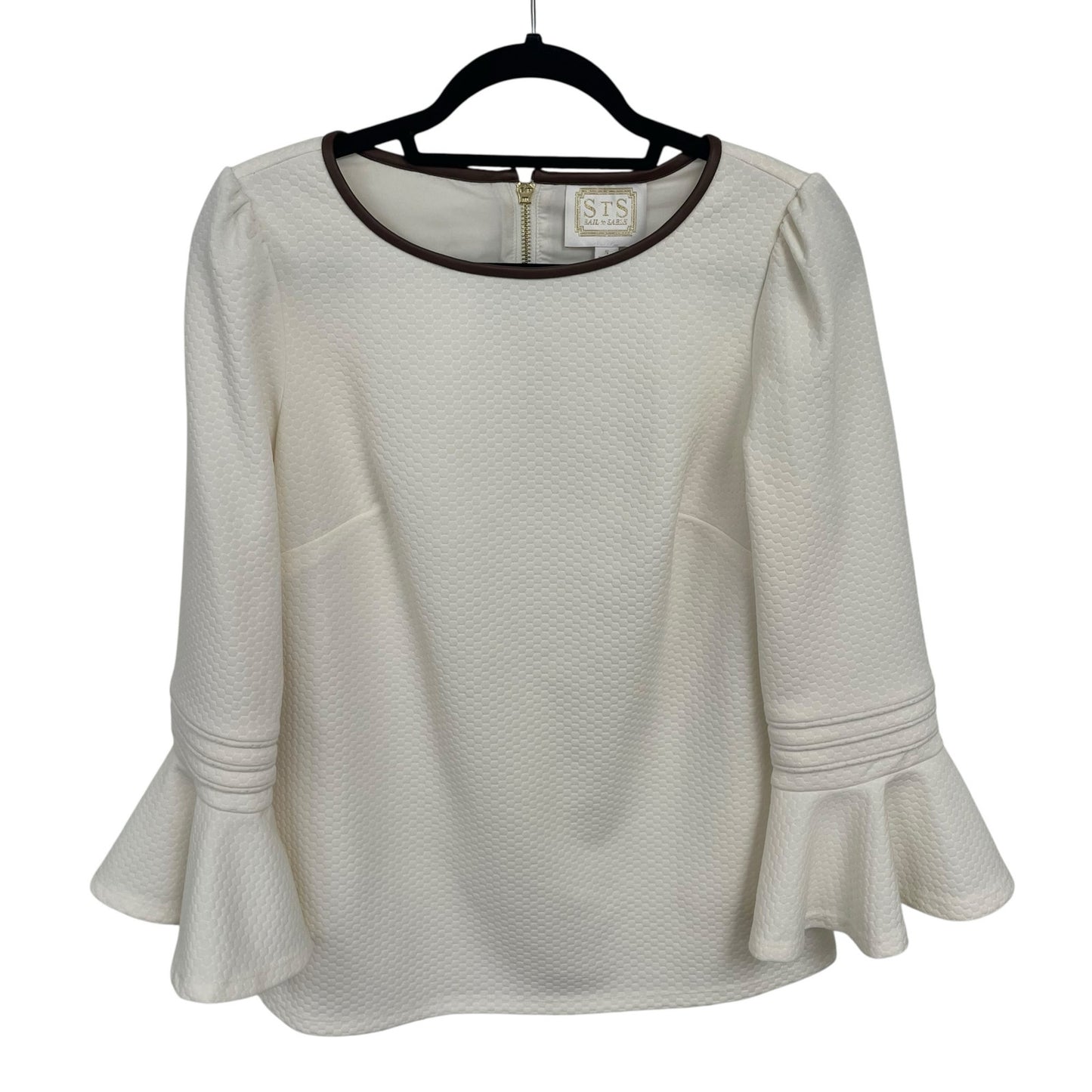 Sail to Sable Ivory Quilted Bell Sleeve Top Brown Faux Leather Trim Size Small