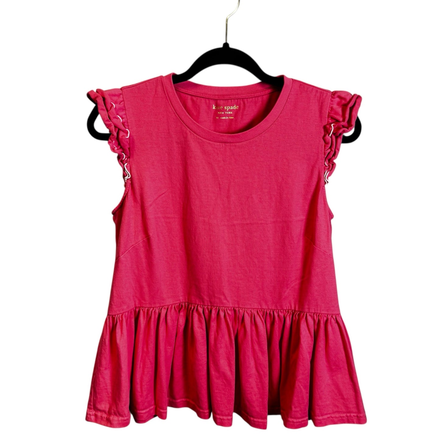 Kate Spade New York Pink Ruffle Sleeve Crewneck Cotton Peplum Tee Womens Medium