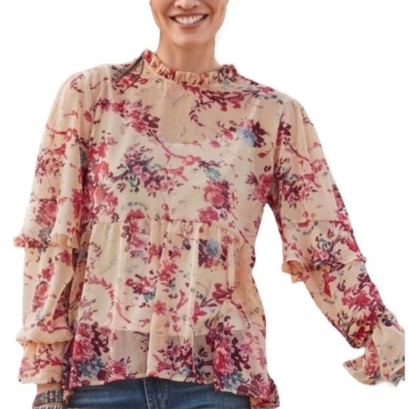Sundance Flora Muse Layered Top Cream Burgundy Flower Print Womens Small