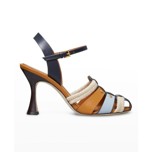Tory Burch Fisherman Multi Colorblock Leather & Braided Jute Open Toe Heels 7.5