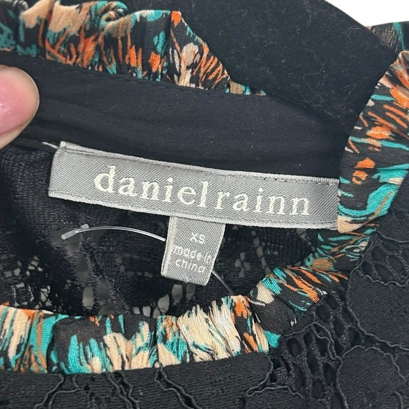 NWT Daniel Rainn Anthropologie Black Multi Bella Illusion Neck Top Womens XS