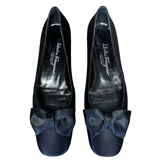 Salvatore Ferragamo Black Satin Bowtie Ballet Flats Womens 10