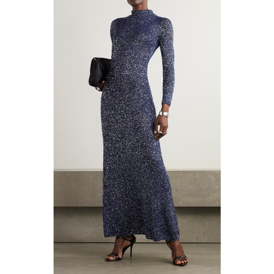 NWT Balenciaga Navy Sequined Metallic Knit Turtleneck Maxi Dress Womens Small
