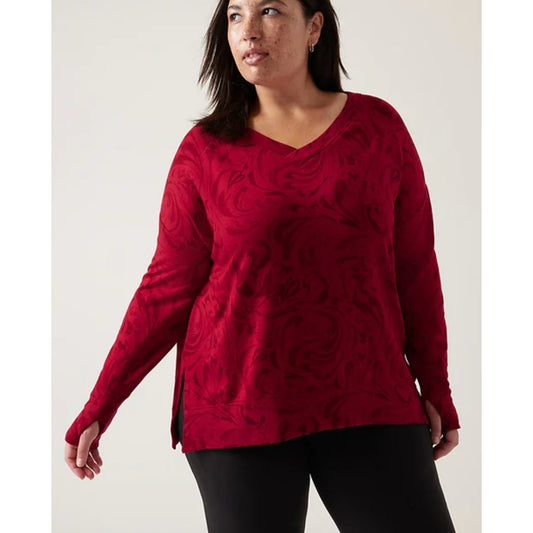 Athleta Agate Red Paisley Long Sleeve Coaster Luxe V-Neck Sweatshirt Womens 1X