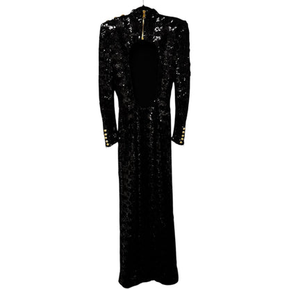 NWT Balmain Black Sequin Gold Button High Collar Fitted Long Maxi Dress Women 36