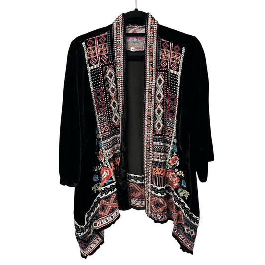 Johnny Was Black Multi Embroidered Velvet Open Front Cardigan Womens Medium