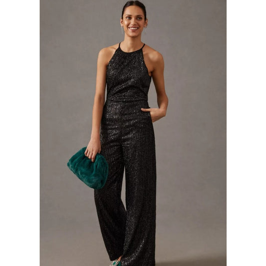 NWT Maeve by Anthropologie Black Sequin Disco Sleeveless Jumpsuit Womens 4