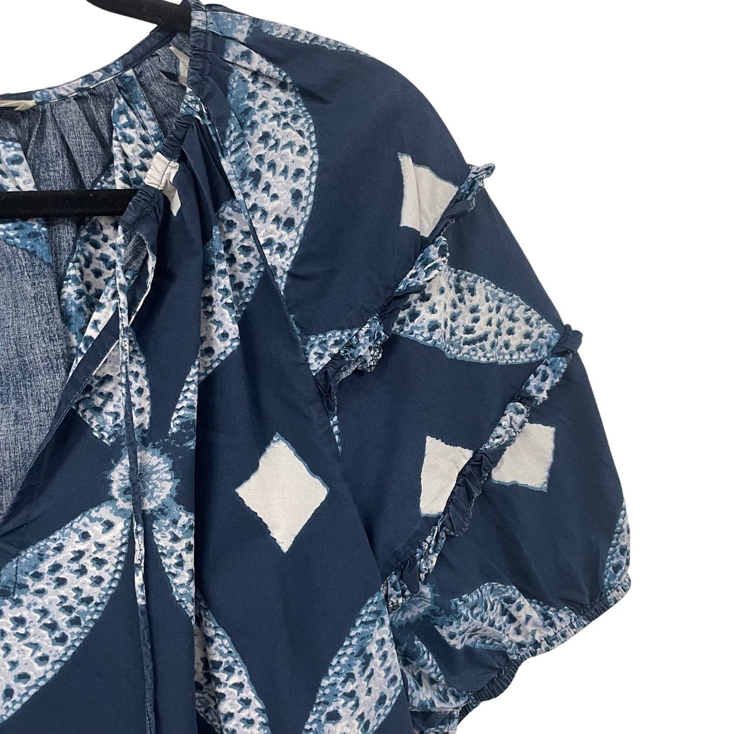 Ulla Johnson Arusi Blouse Indigo Blue Short Sleeve Tie Neck Womens 8