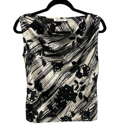 St. John Pure Silk Black White Floral Striped Sleeveless Draped Neck Top Small?