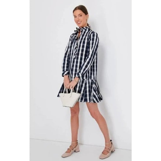 Tuckernuck Navy White Gingham Long Sleeve Linen Blend Tate Dress Womens Small