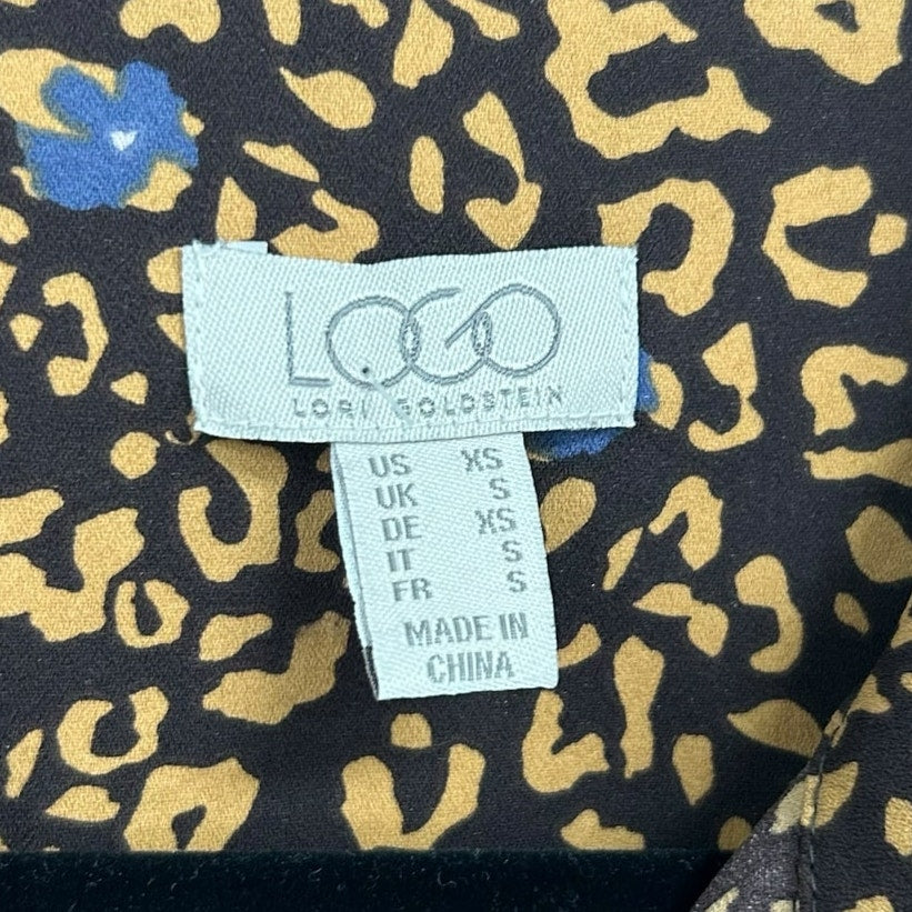 Logo Lori Goldstein Brown Blue Floral Animal Print Tiered Button Up Top XS