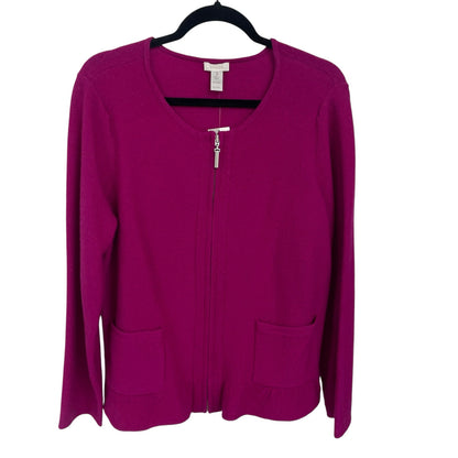 NWT Chico’s 100% Wool Ruffle Hem Renee Zip Up Cardigan Magenta Pink Womens 16