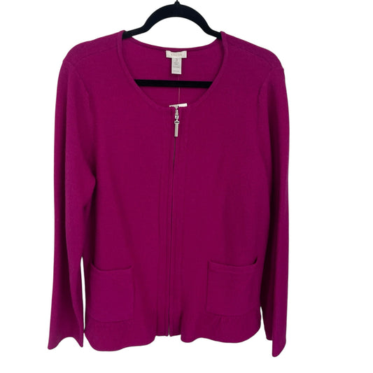 NWT Chico’s 100% Wool Ruffle Hem Renee Zip Up Cardigan Magenta Pink Womens 16