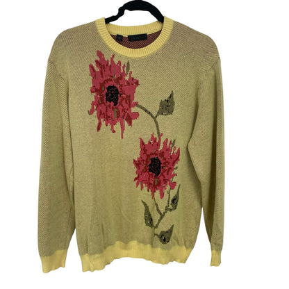 Saks Fifth Avenue Floral Intarsia Sweater Lemonade Yellow and Pink Mens Large