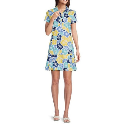 J. McLaughlin Short Sleeve Pleated Tennis Dress Blue Yellow Floral Print Small