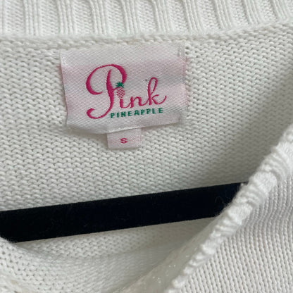 Pink Pineapple Martini Time Sweater White Pink Green Knit Crewneck Womens Small