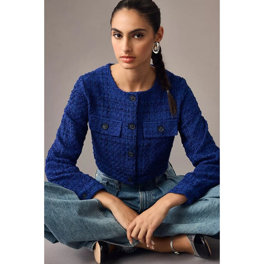 Maeve by Anthropologie Button Up Cropped Tweed Blazer Royal Blue Womens Medium