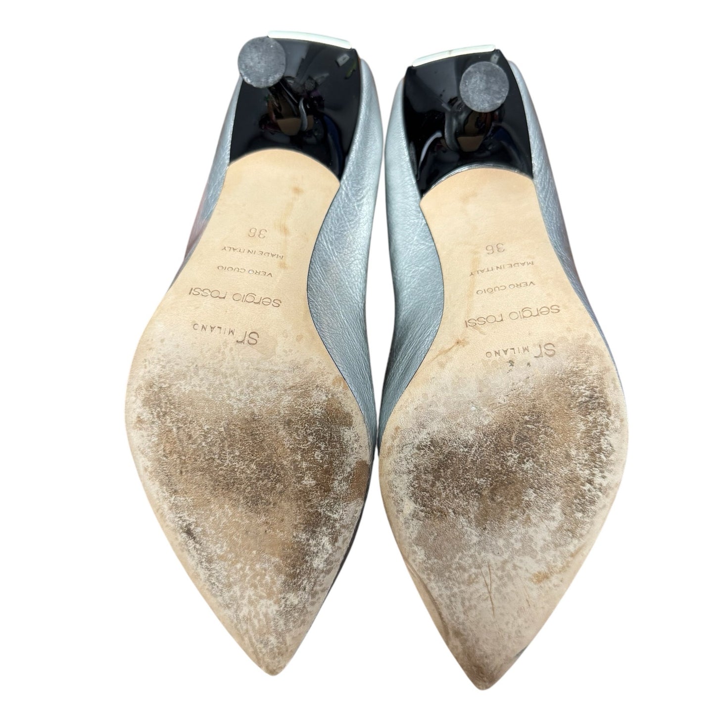 Sergio Rossi Silver Metallic Patent Leather Pointed Toe Pumps Womens 6
