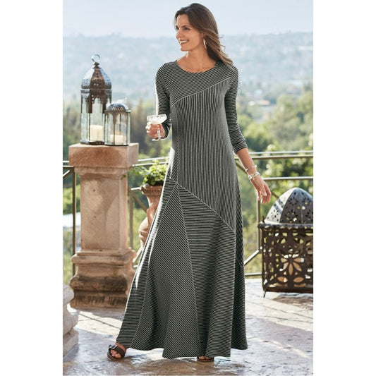Soft Surroundings Gray Black Stripe Long Sleeve Ryley Maxi Dress Womens Medium