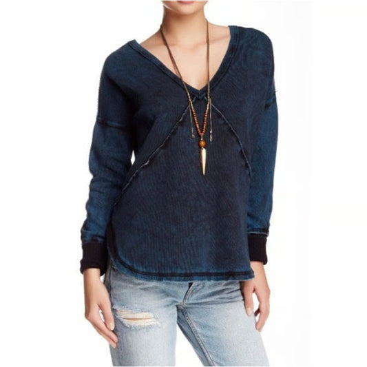 Free People Indigo Blue Western V Neck Pullover Fleece Sweatshirt Womens Small